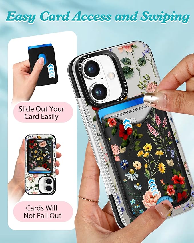 Toycamp for iPhone 17 Case - Compatible with Magsafe Credit Card Holder Wallet Magnetic Cute Women Teen Girls Kawaii Girly Unique Flower Floral Design Phone Cover for Apple 17 Air