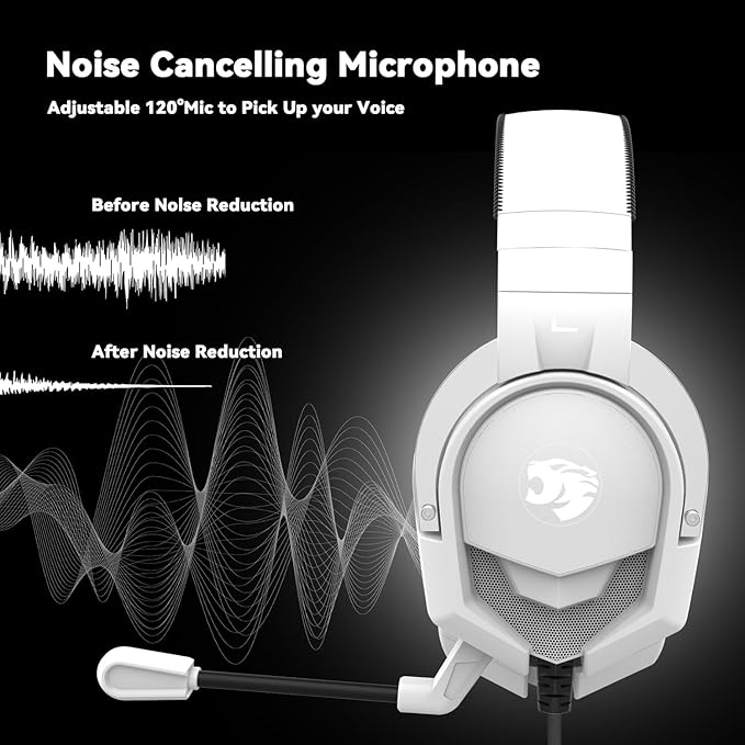 A88 Gaming Headset with Microphone, Stereo Wired Noise Cancelling Over-Ear Headphones with Mic for Pc, Ps5, Xbox One Series X/s, Ps4, Computer, Laptop, Mac, Nintendo, Gamer (White)