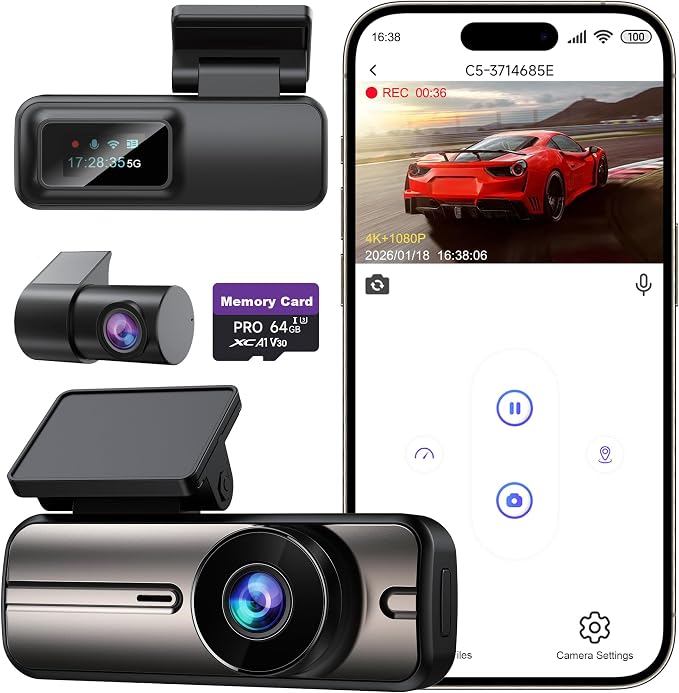 Dash Cam Front and Rear 4K+1080P, 5GHz WiFi, App Control, with 64GB Card