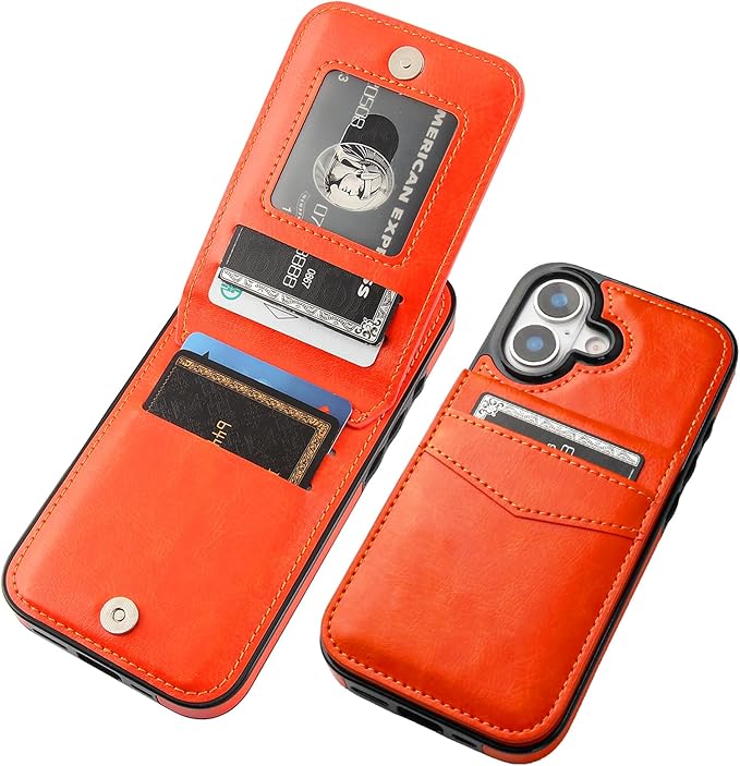 KIHUWEY Compatible with iPhone 17 Case Wallet with Credit Card Holder, Flip Premium Leather Magnetic Clasp Kickstand Heavy Duty Protective Cover for iPhone 17 6.3 Inch (Orange)