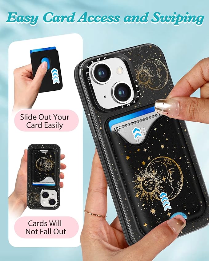 Toycamp for iPhone 14 Plus Case - Compatible with Magsafe Credit Card Holder Wallet Magnetic Cute Women Teen Girls Kawaii Girly Unique Sun Moon Design Phone Cover for iPhone 14 Plus