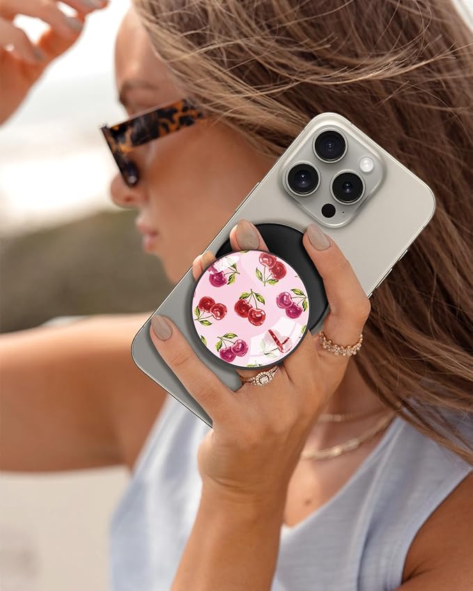 Kidcube Magnetic Phone Grip Compatible with Magsafe - Cell Phone Grip Stand Magnetic Ring Holder Finger Kickstand for iPhone 17 16 15 14 13 12 Series Magnet Removable Accessories Cute Girly Cherry