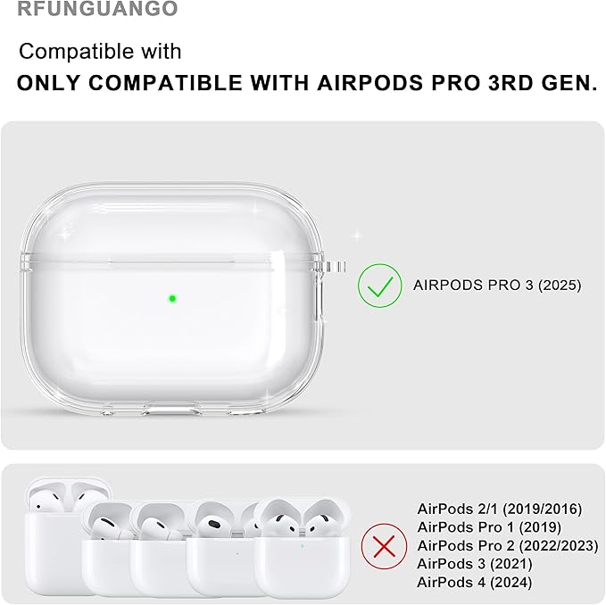 RFUNGUANGO AirPods Pro 3 Case Clear, Soft TPU Transparent with Cleaning Kit & Keychain, Compatible with Magsafe, Compatible Apple AirPods Pro 3rd (2025) Generation Protective Case, White