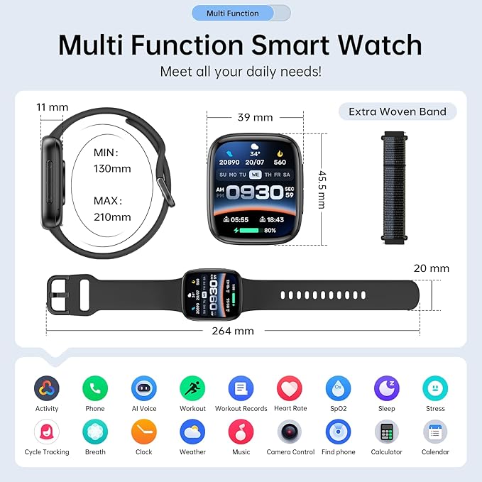 Smart Watches for Women Men, 1.85" HD AMOLED Display, 2 Bands Included, Works with iPhone & Android, 12-Day Battery, 3ATM Waterproof, Bluetooth Call, Health & Fitness Tracker, Black