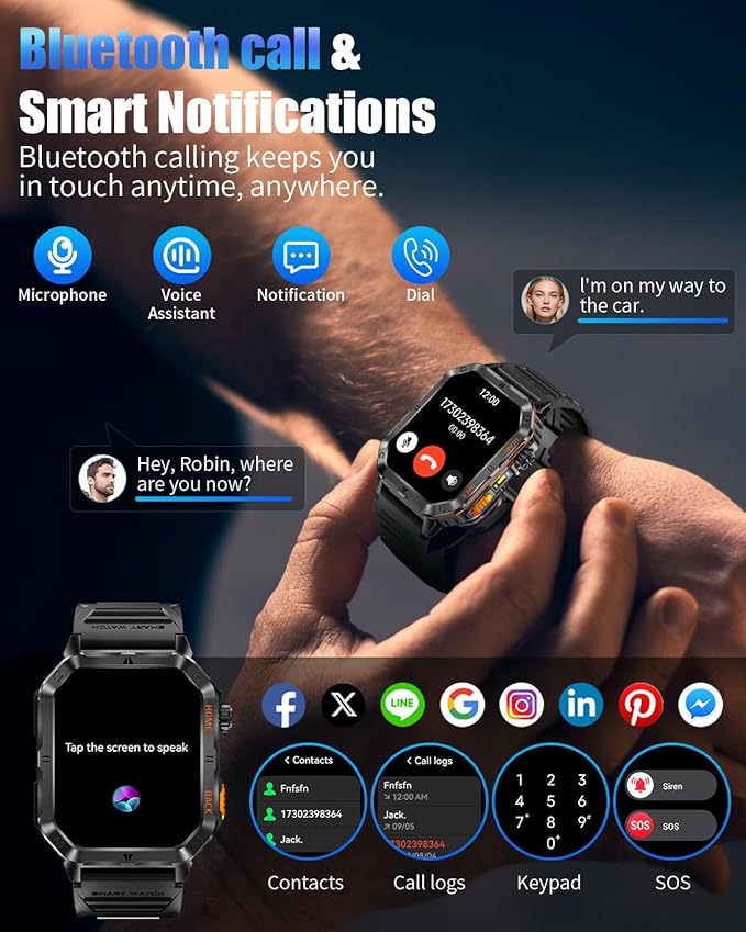 Military Smarty Watch for Men, 2.01" Smartwatch with 1200mAh Battery, Flashlight, Answer/Make Calls, Heart Rate/Sleep Monitor 100+ Sport Modes Fitness Tracker for Android/iPhone
