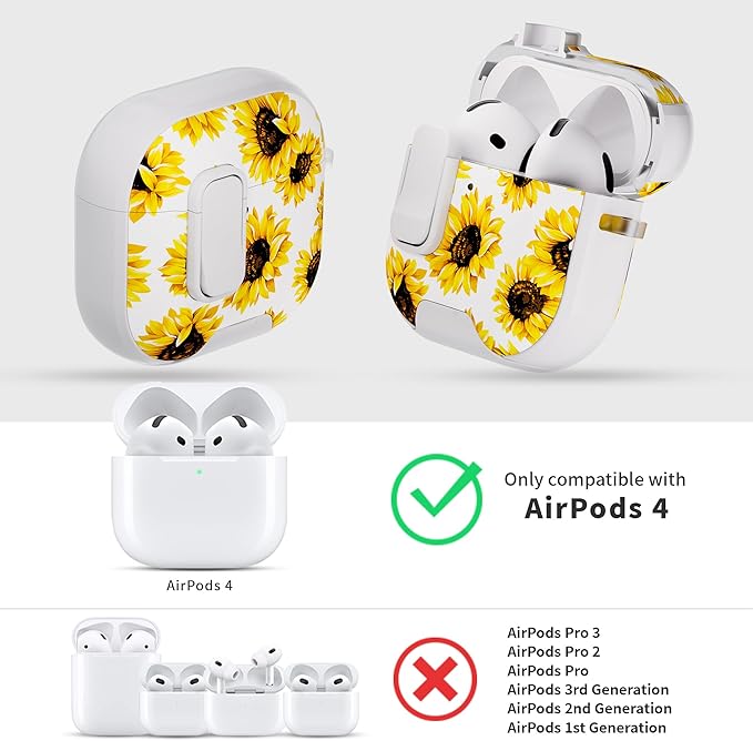for AirPods 4 Case with Secure Lock Clip in Phone Stand,Floral Girly Style Protective Cover with Cleaning Kit and Hand Strap for Apple AirPod 4 Generation (White Sunflower)