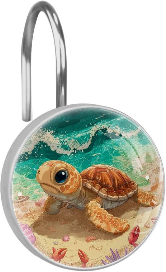 Beach Cartoon Ocean Turtle Shower Curtain Hooks Rings, Stainless Steel Rust Proof Shower Curtain Hooks, Decorative Shower Hooks for Bathroom Shower Rods Curtains, Set of 12