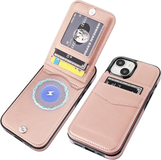 KIHUWEY for iPhone 15 Case Wallet Compatible with MagSafe Wireless Charging, Credit Card Holder, RFID Flip Leather Magnetic Clasp Kickstand Heavy Duty Protective Cover 6.1 Inch (Rose Gold)