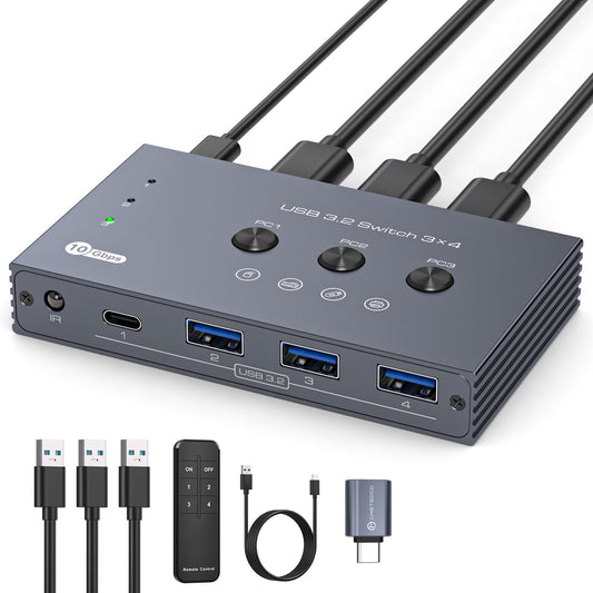 THXCDBID USB 3.2 Switch 3 Computers Sharing 3*USB A & 1*USB C Port 10Gbps USB Switch Selector Sharing Keyboard Mouse Printer Scanner with 3 USB A Input Cable and IR Remote Control