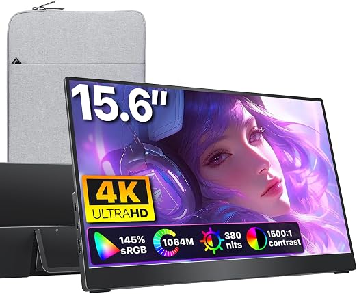 cocopar Portable Monitor 15.6 Inch 4K UHD 60Hz 145% sRGB Travel Monitor with Speaker HDMI USB-C Second Screen for Laptop MacBook Surface PC Xbox PS4/5, VESA Mountable, with Kickstand