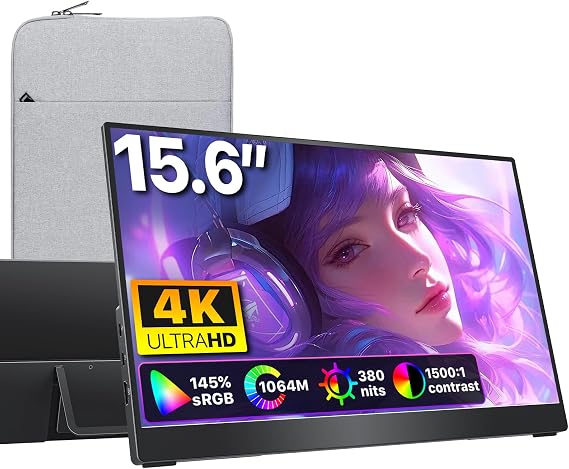 cocopar Portable Monitor 15.6 Inch 4K UHD 60Hz 145% sRGB Travel Monitor with Speaker HDMI USB-C Second Screen for Laptop MacBook Surface PC Xbox PS4/5, VESA Mountable, with Kickstand