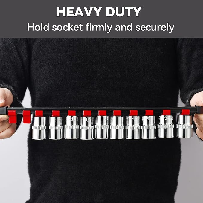 ALOANES 6PC ABS Socket Organizer, Socket Rails Fit 3/8 inch Drive, Heavy Duty Socket Holders Hold up to 90 Sockets, Black Rails with Red Clips