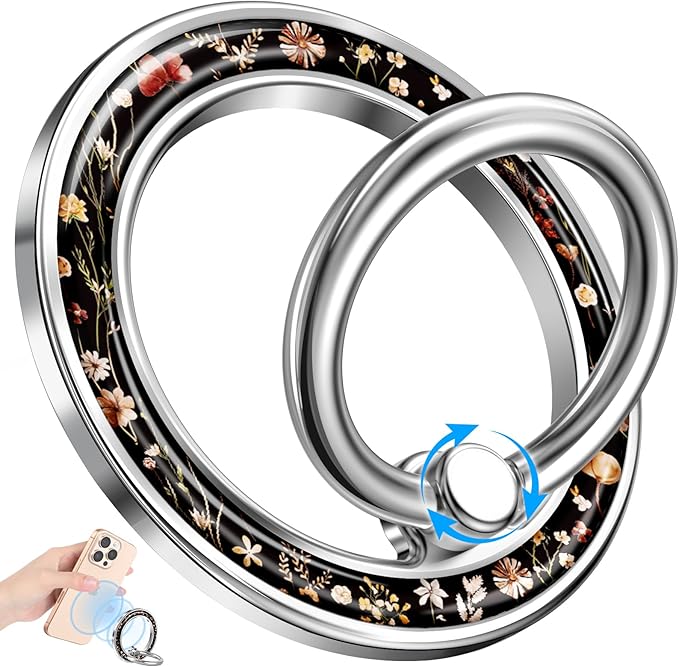 Magnetic Phone Ring Holder Compatible with MagSafe - Cell Phone Grip Magnet Removable Finger Ring Grip Stand Cute Kawaii Design for iPhone 17 Pro Max 16 15 14 13 12 Series Retro Grow Flower
