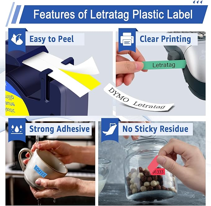 5 Pack Plastic Letra Tag Label Tape Black on White/Yellow/Red/Green/Blue Compatible for Dymo Label Maker Refills 12mm x 4m for Dymo Letra tag Refills LT100H LT100T 200B QX50