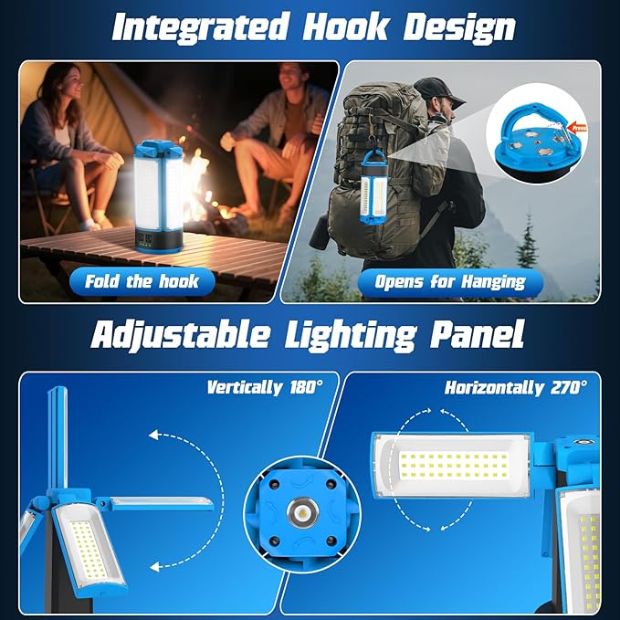 T-SUN Rechargeable 10400mAh Camping Light with Stand, Cordless Work Light with 4 LED Lamp Heads, Portable Light for 6000K Pure Cool White Focused Beam, Detachable Tripod & Storage Bag