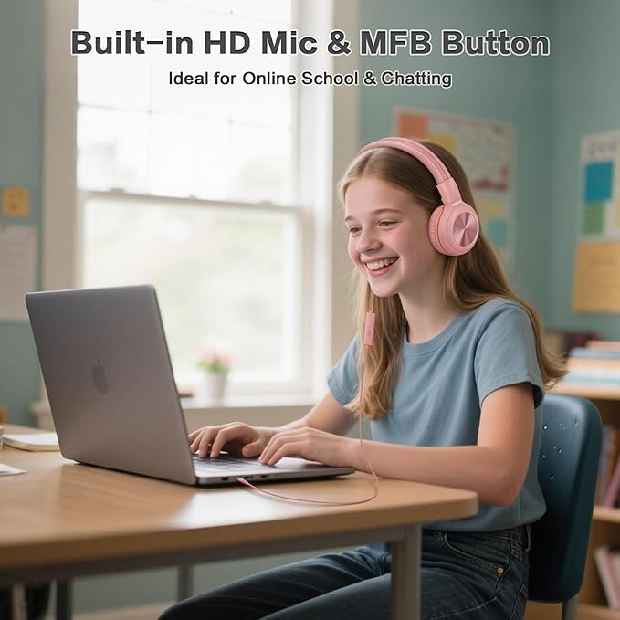 SIMOLIO Wired Headphones with Mic & Volume Limited, Noise Isolating Kids Plug in Headphones for Girls, Laptop, Tablet, w/Share Port and Portable Pouch (Pink)