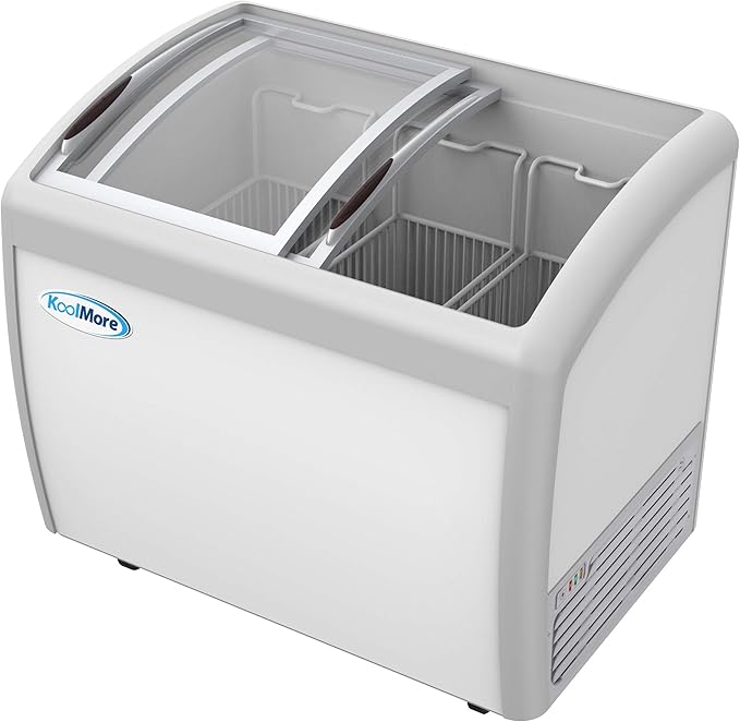 KoolMore - MCF-9C Commercial Ice Cream Freezer Display Case, Glass Top Chest Freezer with 3 Storage Baskets and Sliding Lid, Large 9 cu. ft. Capacity, White