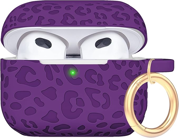 Engraved Case for AirPods 3rd Generation Carving Cover with Keychain, Leopard Skin Soft Cover for Compatible with AirPods 3rd Generation Case Full Protection,Front LED Visible,Deep Purple