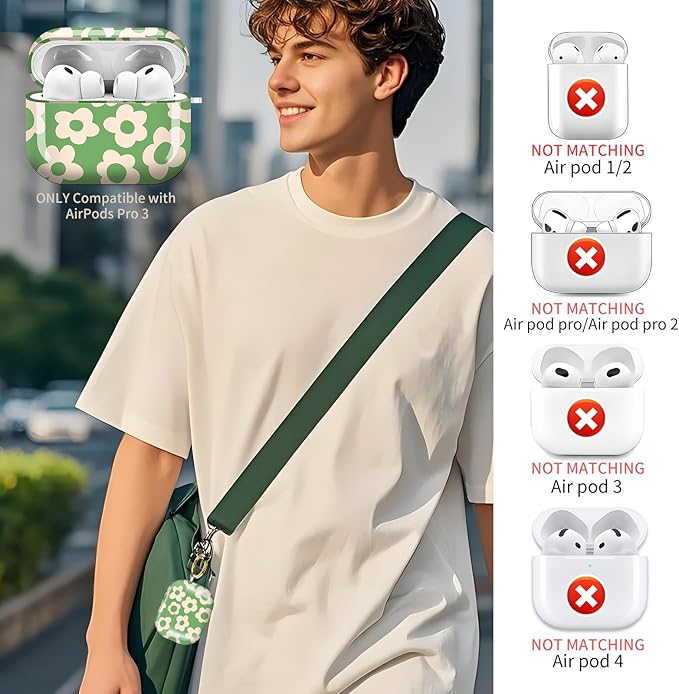 Compatible with AirPods Pro 3 (2025) Case, Airpod Pro 3 Protective Cover with Cute Golden Keychain for Girls & Women (Green Groovy Flower)