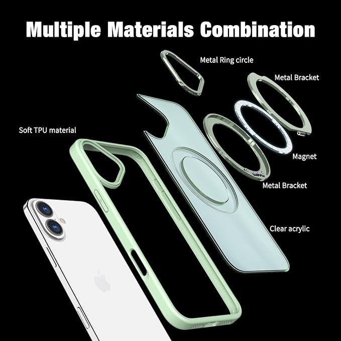 for iPhone 16 Case with Screen Protector & Lens Protector [15 FT Military Drop Protection] Magnetic Kickstand Compatible with MagSafe Slim Translucent Case (Butter Green)