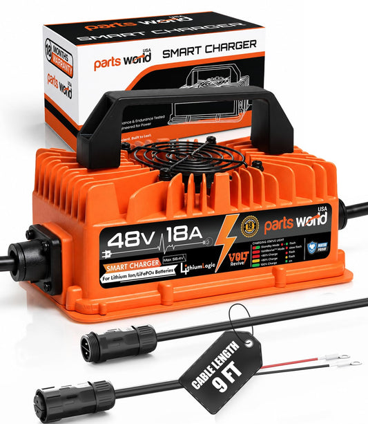 LithiumLogic™ 48V 18A LiFePO4 Charger with M19 Connector, Accessory Wires & Temp Sensor; IP67 Waterproof with VoltRevive™ Recovery for Golf carts, forklifts, Pallet Jacks & Floor scrubbers