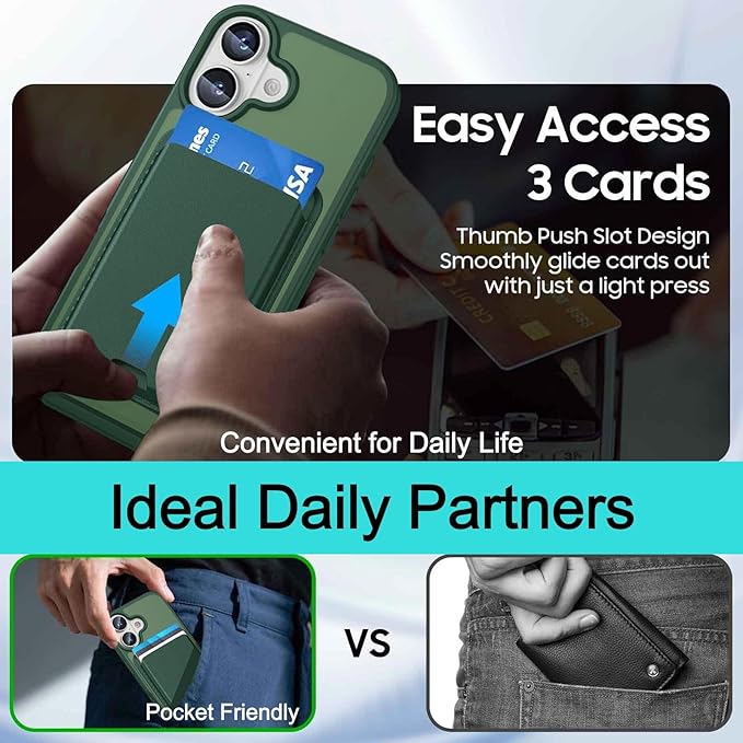 Magnetic for iPhone 17 Case with Detachable Wallet, Compatible with MagSafe, Credit Card Holder with Slim Shockproof Protective Phone Cover, Green