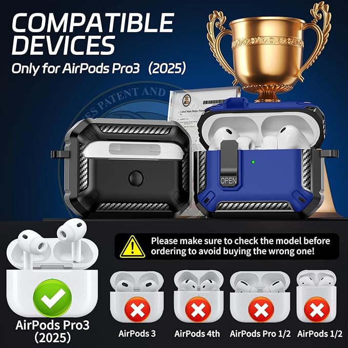 for AirPods Pro 3 Case (2025 New), Secure Lock Cases Cover with Cleaning Kit & Keychain Compatible with Airpods Pro 3rd Generation Case for Men Women, Powerful Drop Protection