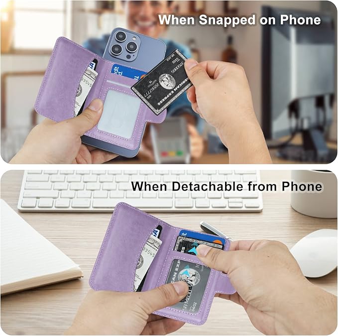 Bocasal for MagSafe Wallet Magnetic Card Holder, RFID Blocking Leather Card Slots for iPhone 17/16/15/14/13/12 Pro/Max/Plus/Air, Adjustable Kickstand Flip Mag Safe Wallet (Purple)