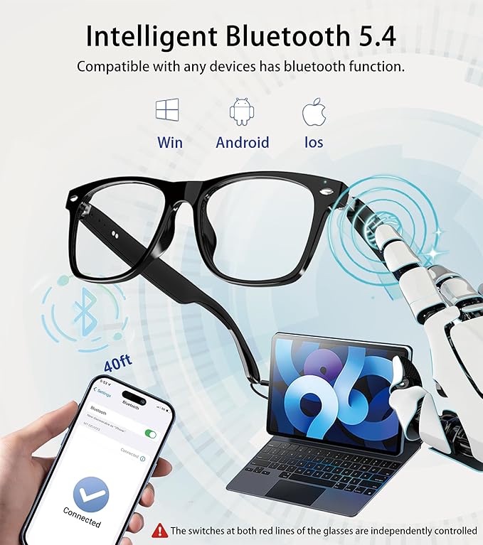 Smart Glasses for Men & Women, Built-in Mic & Speakers Bluetooth Audio Glasses, Blue Light Filter & Polarized UV 400 Protection Lenses Open-Ear Bluetooth Glasses for Android iOS, Black