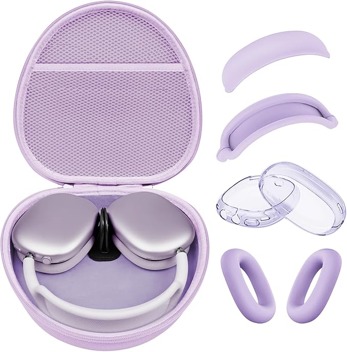 Hard Case for AirPods Max Supports Sleep Mode,Travel Carrying Headphone Case with AirPods Max Clear Ear Cups Cover/Silicone Earpad Case/Headband Cover,AirPod Max Protective Portable Storage Bag,Purple