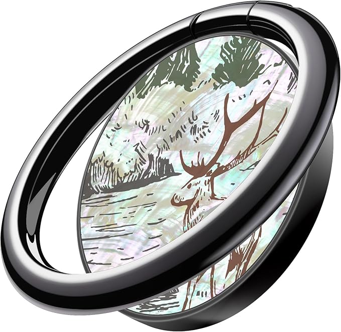 Carveit Natural Shells Cell Phone Ring Holder Metal Phone Kickstand Grip for iPhone 16 Pro Max/15/14 & Galaxy S23/S24/S25 Ultra & Pixel 8/9 -Black-Mountains and Deer