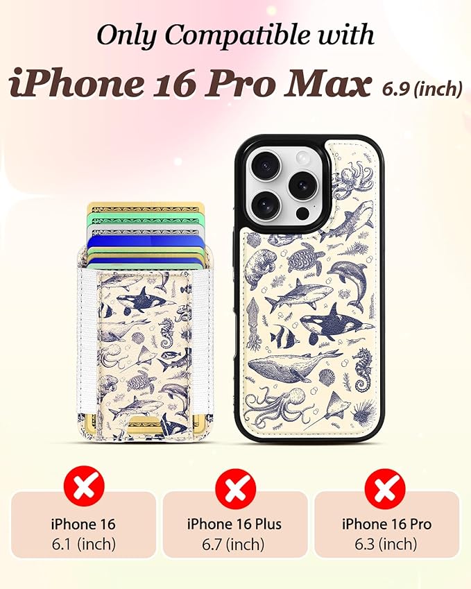 Shorogyt for iPhone 16 Pro Max Case Wallet - Fits 5 Cards, Compatible with Magsafe Detachable Magnetic Credit Card Holder Leather Cardholder Cute Phone Cover Women Girls for Apple 16 ProMax, Sea