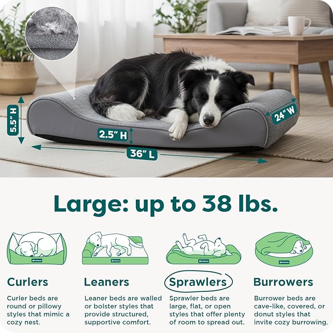 FurHaven Orthopedic Dog Bed for Large Dogs, Luxe Lounger Contour Mattress with Medical-Grade Solid Orthopedic Foam for Joint Support, Removable Washable Cover, Large, Plush Suede, Gray