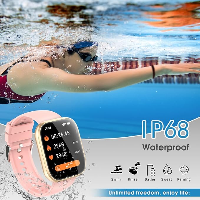 aycy Smart Watch for Men Women Bluetooth Call, 1.85" HD Touch Screen Fitness Watch with Sleep Heart Rate Monitor, 112+ Sports Modes, IP68 Waterproof Activity Trackers for Android iOS, Pink