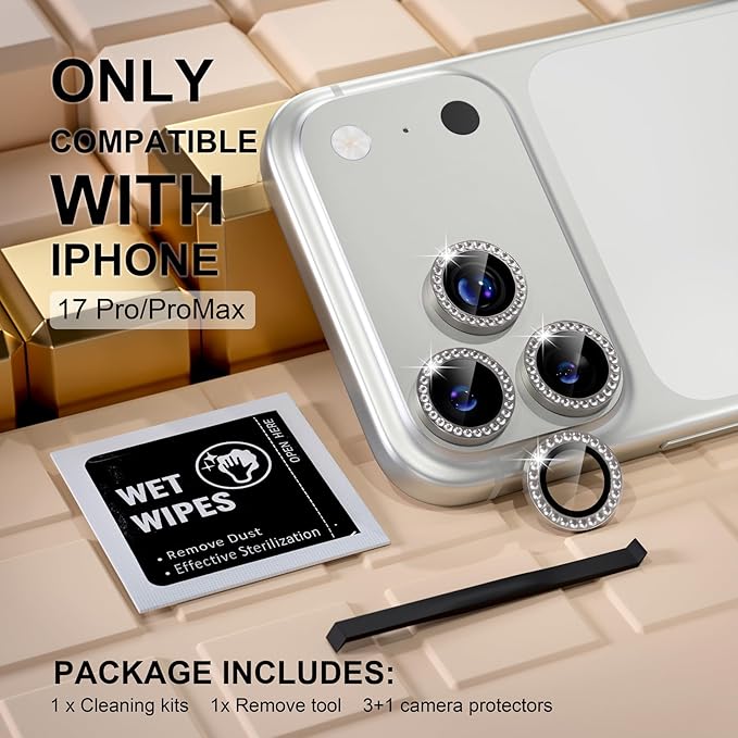 Misea Compatible for iPhone 17 Pro/iPhone 17 Pro Max Camera Lens Protector Bling, 9H Tempered Glass Camera Cover Screen Protector Metal Individual Ring Decoration Accessories, Natural Titanium Diamond