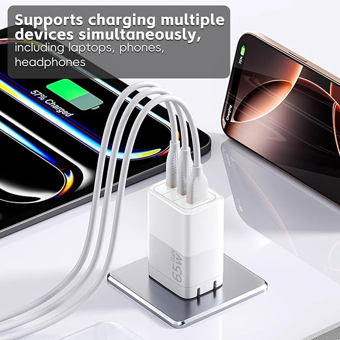 65W GaN Fast Charger, 3-Port USB C PD Power Adapter (2×USB-C + 1×USB-A) – Compact & Foldable for MacBook Pro/Air, iPhone 16, iPad, Galaxy S25, Dell XPS – Travel-Friendly & Overheating Protection