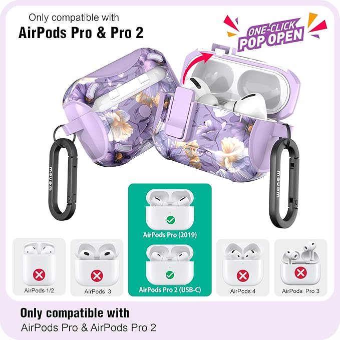 wenew case Compatible with AirPods Pro 2nd/1st Case Cover with Phone Stand, Cleaning Kit, Lanyard, Compatible with Magsafe One-Click Pop Open Lock iPod Pro Case (Purple, AirPods Pro & Pro 2)
