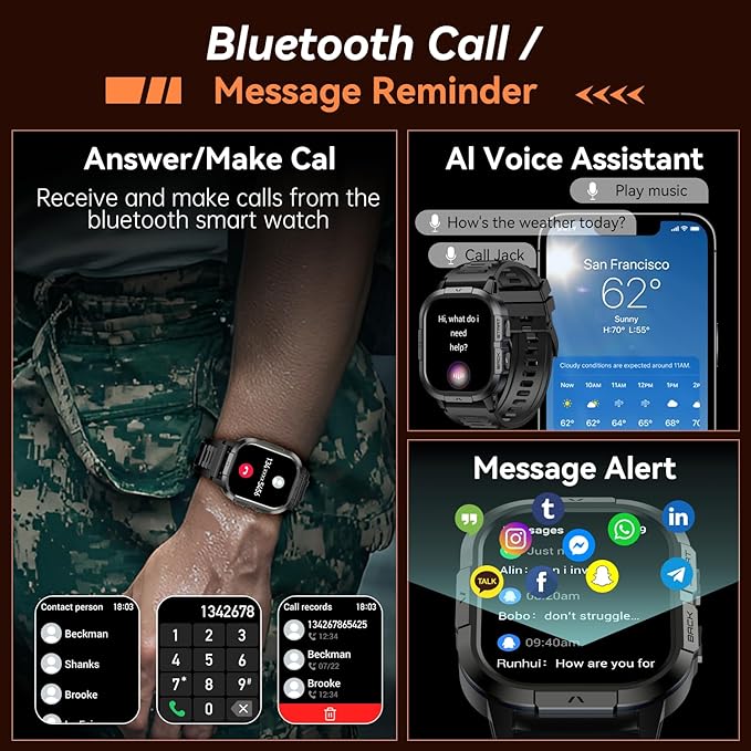 Smart Watch for Men Fitness Tracker: Military Waterproof Make Answer Call Digital Mens Watches Running Step Pedometer Smartwatch Android Phone iPhone Samsung Compatible Sleep SpO2 Heart Rate Monitor