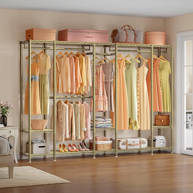VIPEK V50 Extra Large Portable Closet Rack Bedroom Armoire Freestanding Wardrobe Closet, Heavy Duty Clothes Rack Multi-Functional Metal Clothing Rack for Hanging Clothes, Max Load 1300lbs, Gold