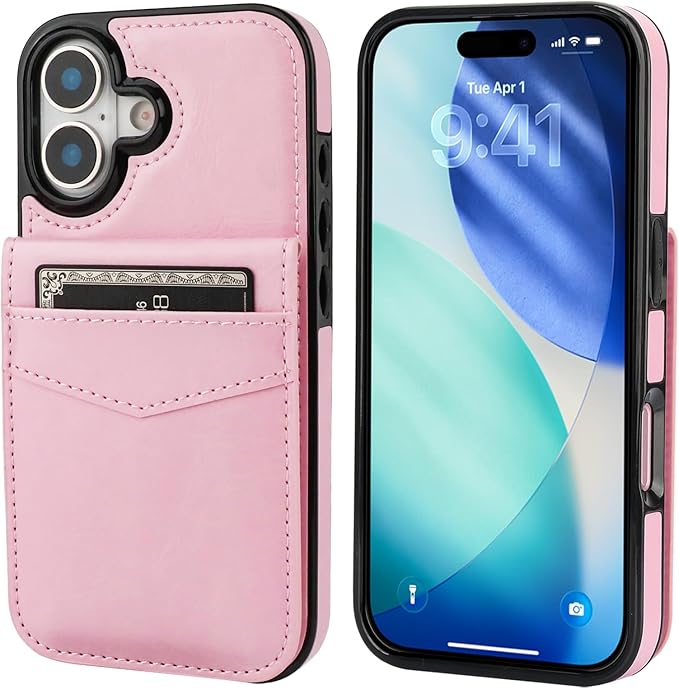 KIHUWEY Compatible with iPhone 17 Case Wallet with Credit Card Holder, Flip Premium Leather Magnetic Clasp Kickstand Heavy Duty Protective Cover for iPhone 17 6.3 Inch (Pink)