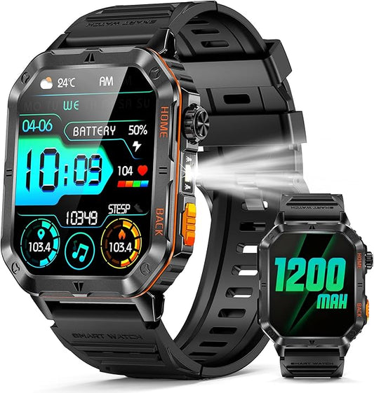 Military Smarty Watch for Men, 2.01" Smartwatch with 1200mAh Battery, Flashlight, Answer/Make Calls, Heart Rate/Sleep Monitor 100+ Sport Modes Fitness Tracker for Android/iPhone
