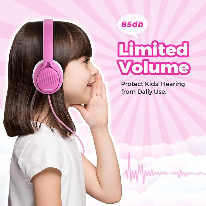 TuneFlux Upgraded Kids Headphones, Wired Toddler Headsets, 85dB Limited Volume On Ear Headphones, Portable Foldable Design, Stereo Sound Kids Headsets for School/Tablet/Travel-Pink