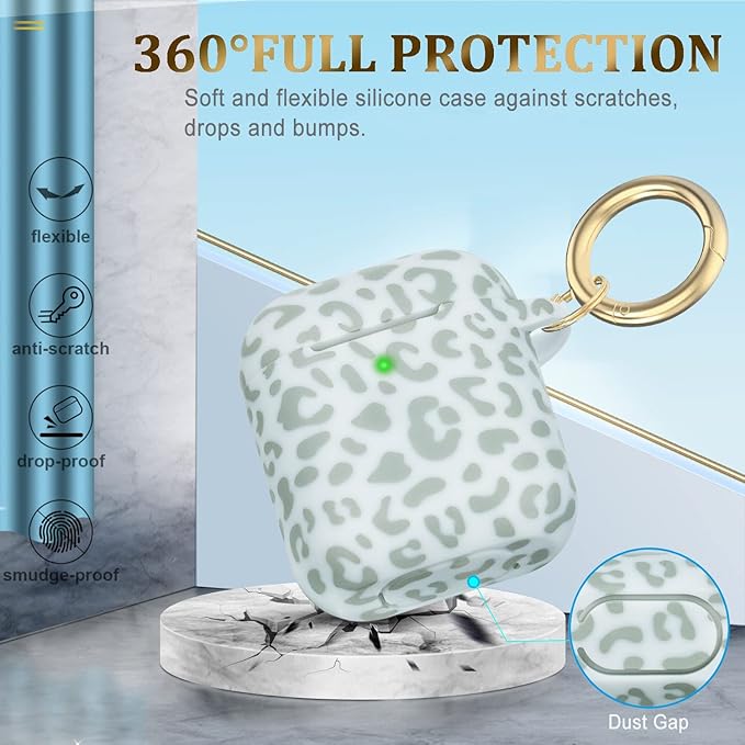 Leopard Silicone Compatible with Airpods Case, Gawnock Soft Cover Flexible Compatible with Airpods 2nd/1st Generation Floral Print Cover for Women Girls with Keychain - Light Green Leopard Cheetah