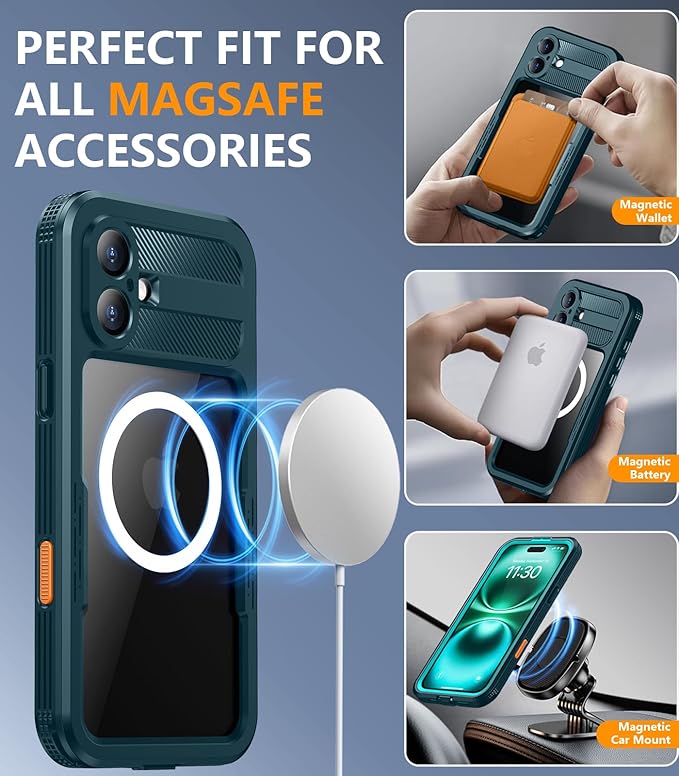 Red2Fire Magnetic for iPhone 16 Case Waterproof, [Built-in Screen Protector][Compatible with MagSafe] [Full Body Shockproof] [Dustproof] Heavy Duty Rugged Phone Cover 6.1" Blue