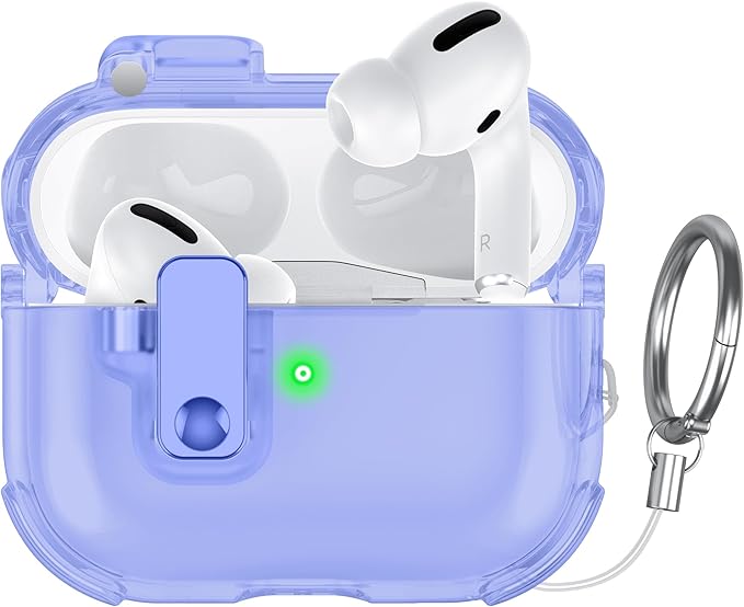 Case for AirPods Pro Case Cover with [Lock Safety & Pop Up][Military Shockproof] Anti-Yellow Transparent Soft TPU Wireless Charging for AirPods Pro Generation Case with Keychain,Clear Blue