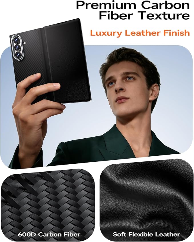 for Samsung Galaxy Z Fold 7 Leather Case, Carbon Fiber Magnetic Phone Case, Ultra-Slim Lightweight Protective Cover with Hinge Protection, MagSafe Compatible, Caseless Touch Feel