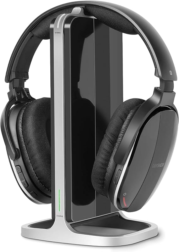 Wireless Headphones for Watching TV with Charging Station and RF Transmitter, Comfortable TV Headset for Seniors, Compatible with All TVs, Black and Silver