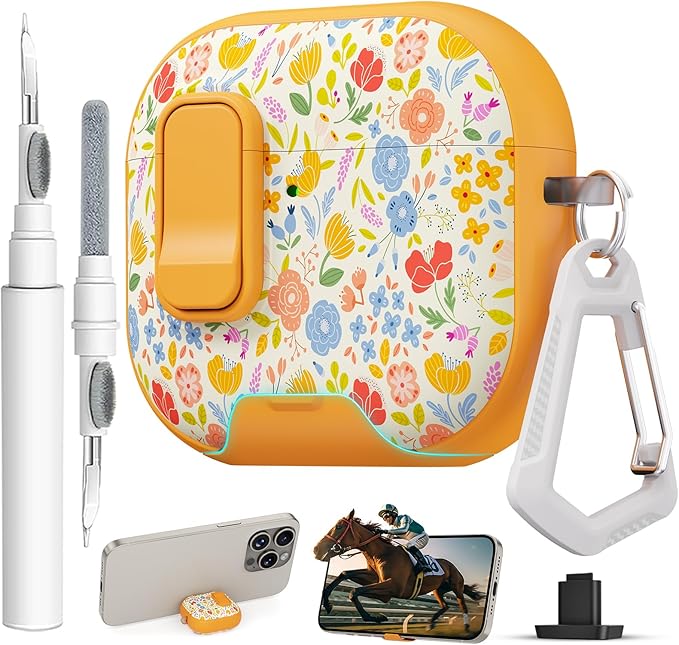 for AirPods 4 Case with Secure Lock Clip in Phone Stand,Floral Girly Style Protective Cover with Cleaning Kit and Hand Strap for Apple AirPod 4 Generation (Sunshine Petals)