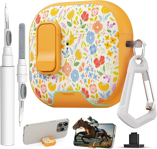 for AirPods 4 Case with Secure Lock Clip in Phone Stand,Floral Girly Style Protective Cover with Cleaning Kit and Hand Strap for Apple AirPod 4 Generation (Sunshine Petals)