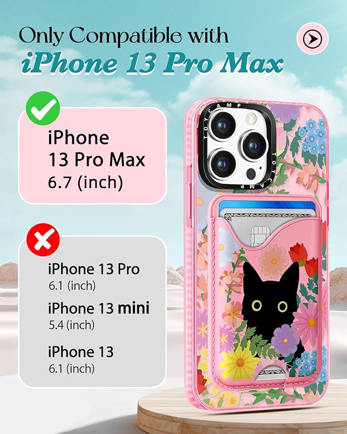Toycamp for iPhone 13 Pro Max Case - Compatible with Magsafe Credit Card Holder Wallet Magnetic Cute Women Teen Girls Kawaii Girly Unique Cat Flower Design Phone Cover for iPhone 13 Promax